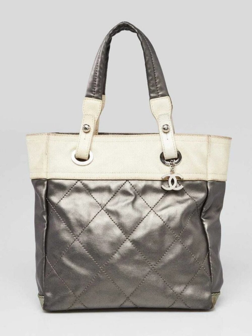 Chanel Silver Quilted Coated Canvas Paris-Biarritz Petite Shopping Tote Bag